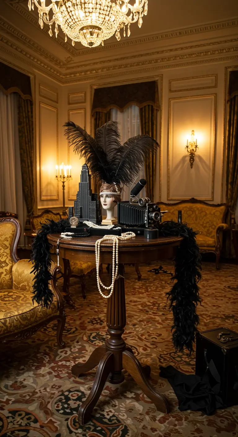 Table Art Déco avec plumes, perles et mannequin style années 20 pour un thème Gatsby.
