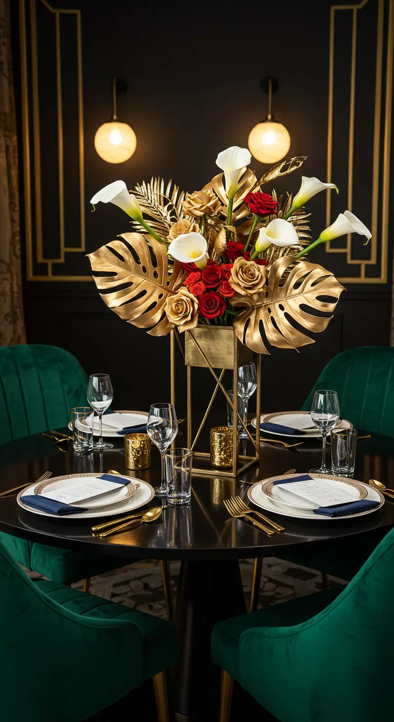 Bouquet de luxe avec des feuilles de monstera dorées et des roses dans un vase géométrique.