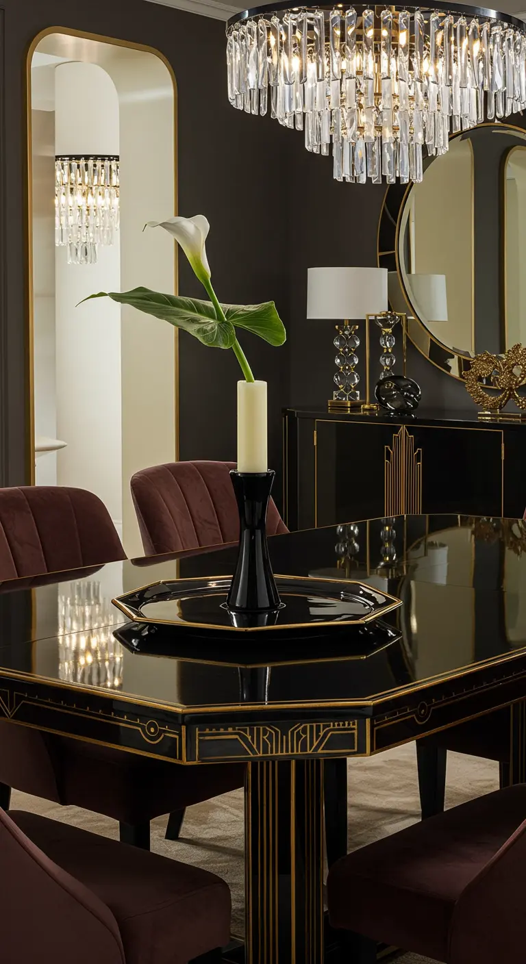 Composition Art Déco avec fleur de Calla, bougeoir noir et plateau laqué.