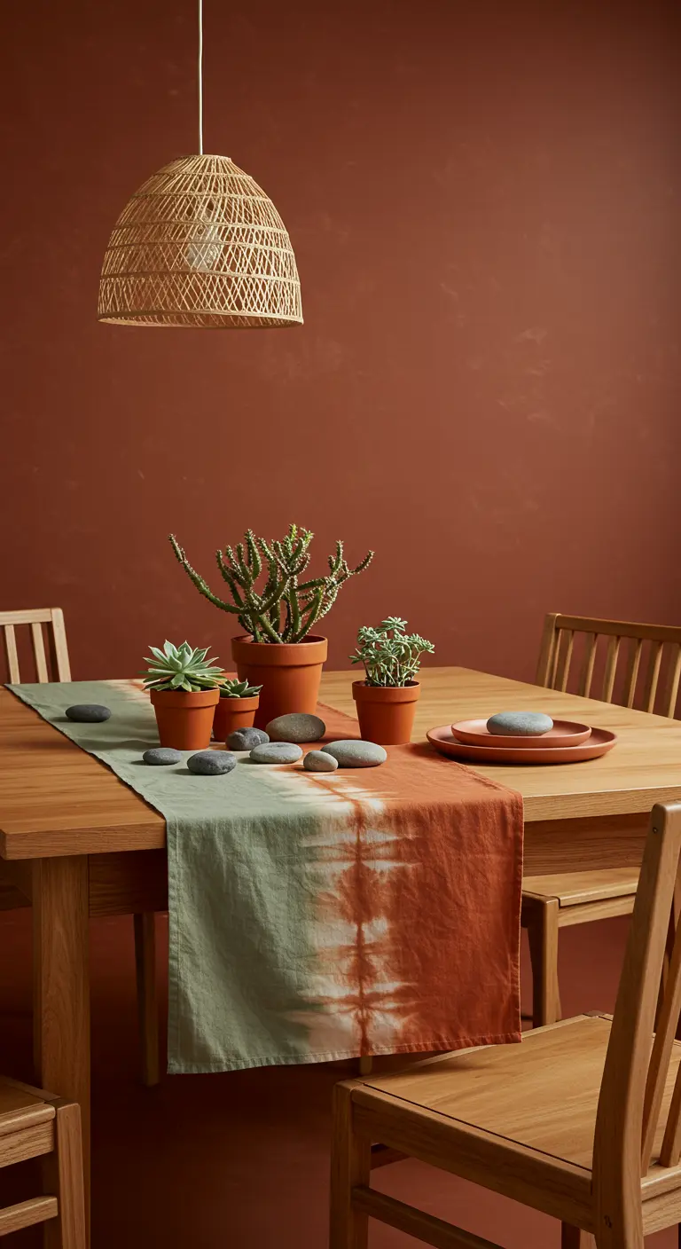 Chemin de table tie-dye terracotta et vert sauge avec des succulentes et des galets.