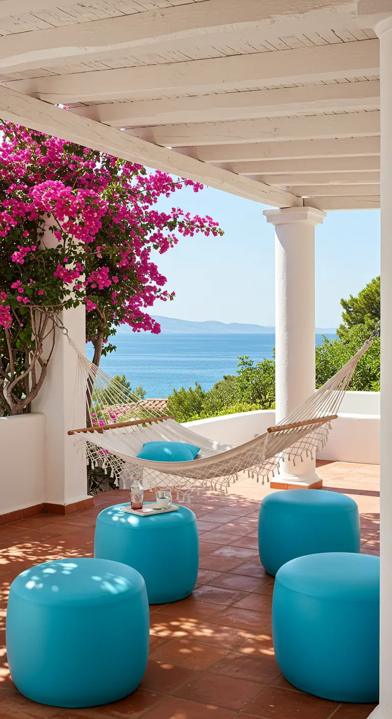 Hamac blanc et poufs turquoise sur une terrasse avec vue sur la mer.