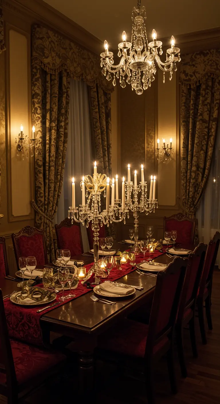 Grand candélabre en cristal avec bougies sur chemin de table rouge dans une salle à manger classique.