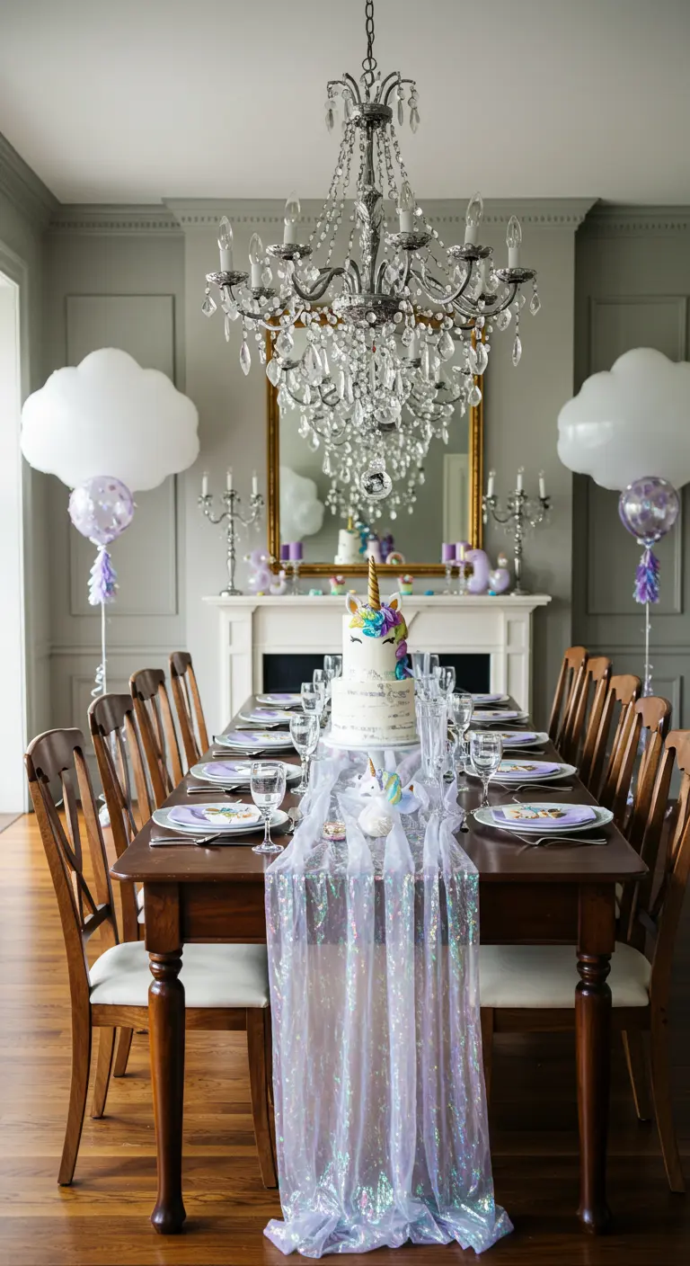 Salle à manger élégante avec un grand lustre, table en bois, chemin de table irisé et ballons nuages.
