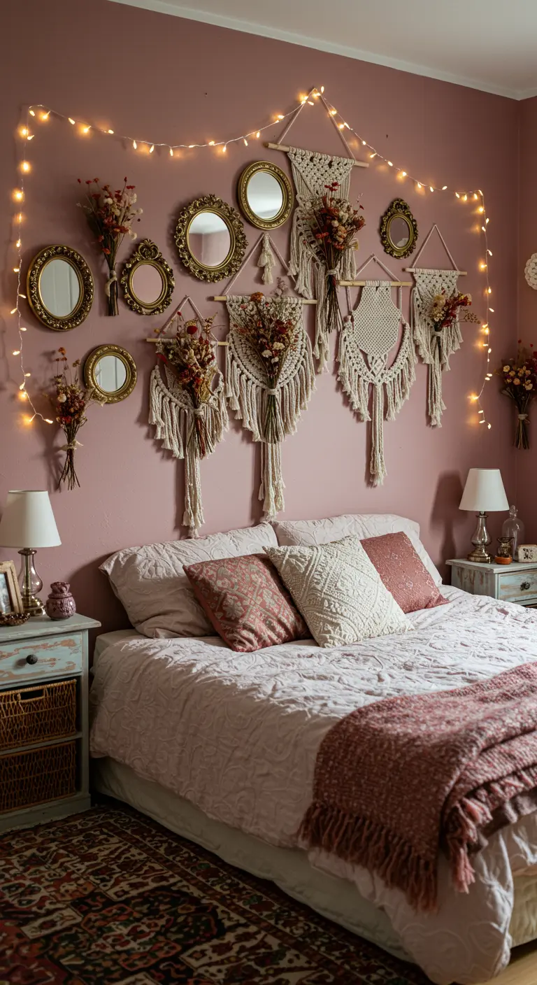 Mur rose avec miroirs dorés, macramés et guirlandes lumineuses au-dessus d'un lit.