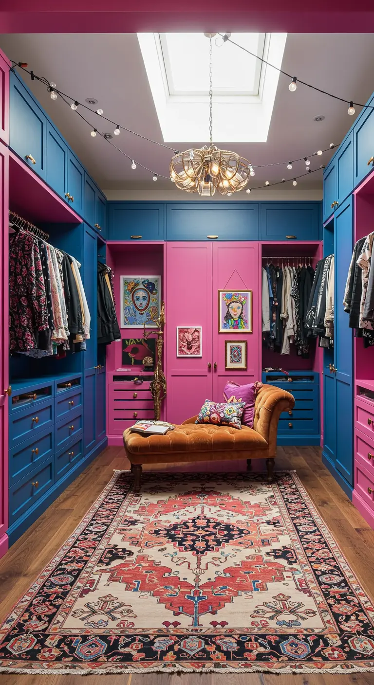 Dressing bohème coloré fuchsia et bleu, chaise longue orange, tapis persan, guirlandes.