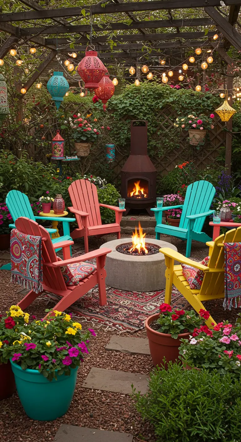 Jardin bohème avec fauteuils Adirondack colorés, brasero, tapis extérieur et lampions