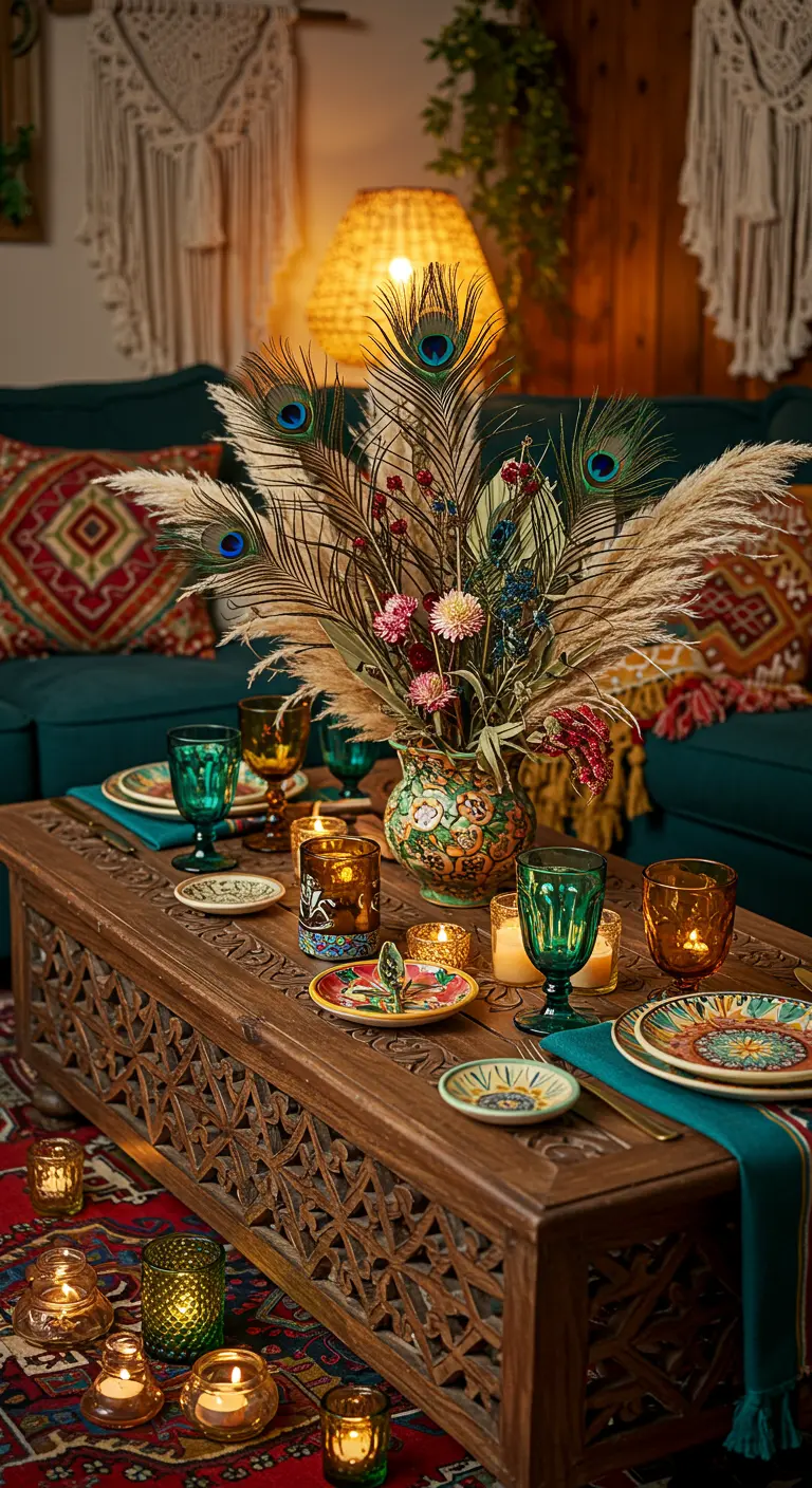 Table basse bohème avec un bouquet de plumes de paon et de la vaisselle colorée