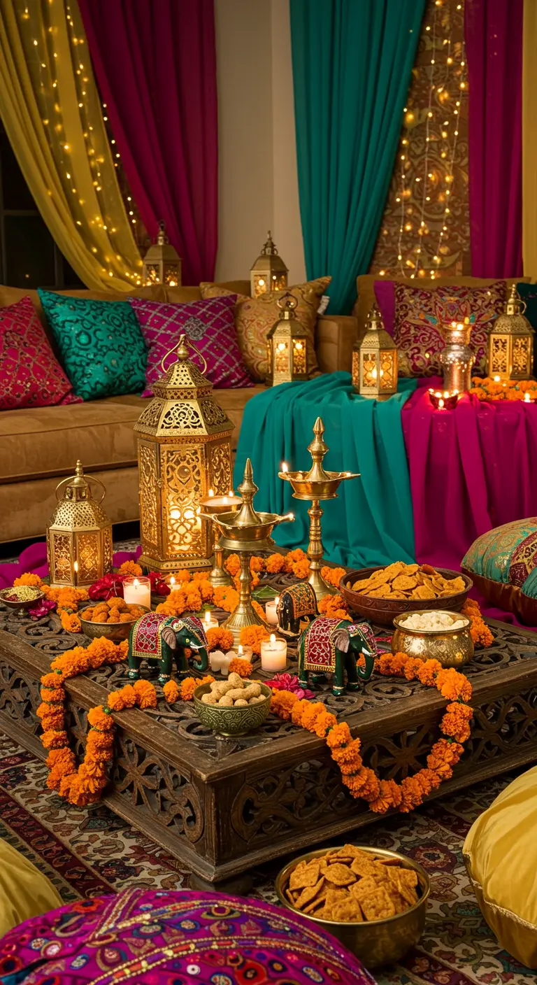 Décoration indienne festive avec lanternes dorées, guirlandes de fleurs et coussins colorés.