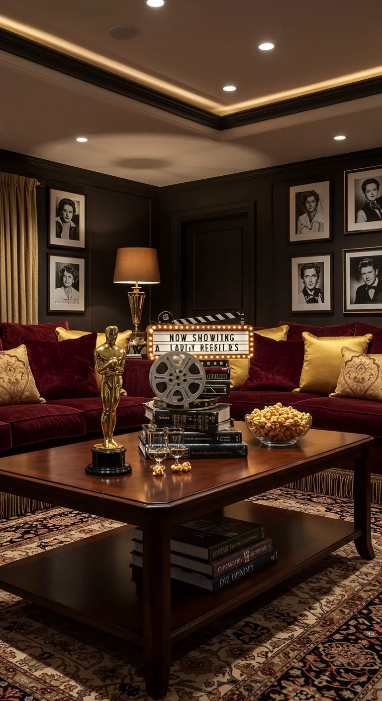 Centre de table hollywoodien avec trophée doré, bobine de film, clap et pop-corn.