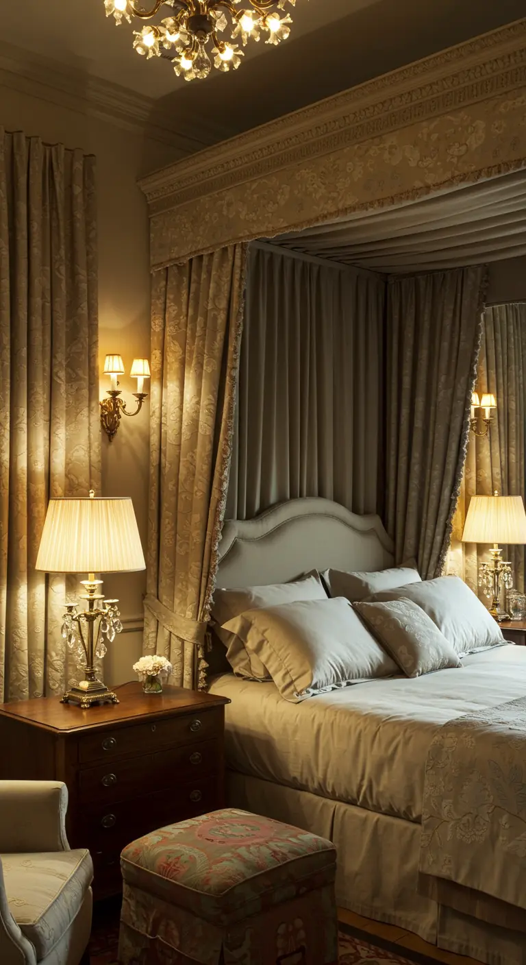 Chambre classique luxueuse en tons beiges et dorés avec lit à baldaquin, appliques murales et lampes de chevet.