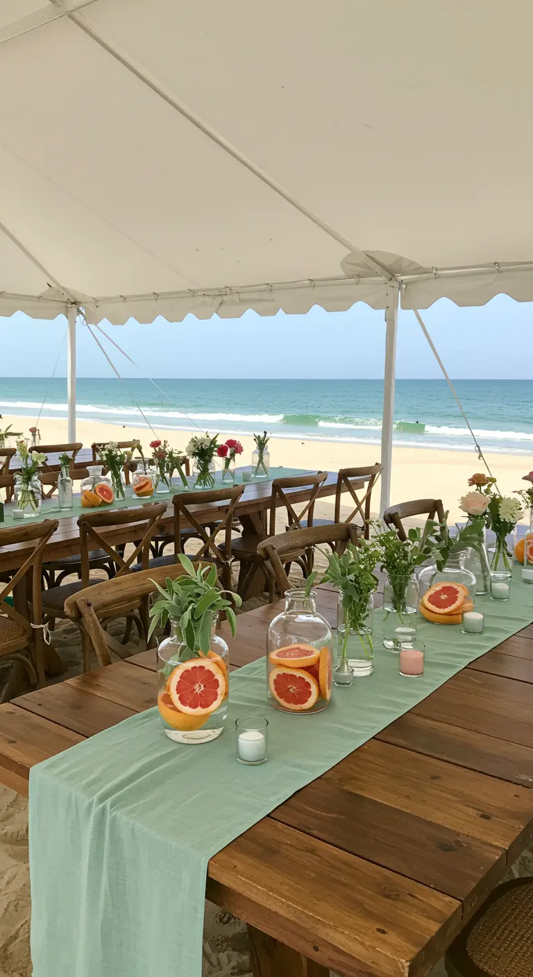 Table de mariage sur la plage avec des vases contenant des moitiés de pamplemousse.