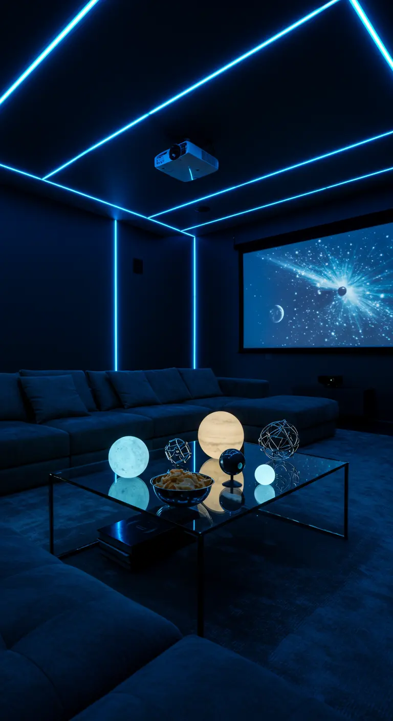 Salon futuriste avec lumières LED bleues, projecteur et boules lumineuses sur table basse.