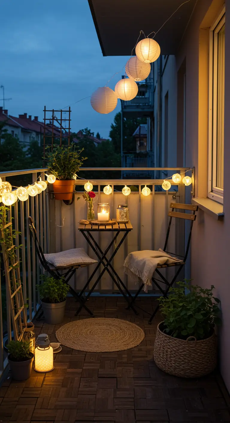 Petit balcon cosy avec lampions suspendus, guirlande lumineuse sur le garde-corps, et mobilier pliant.