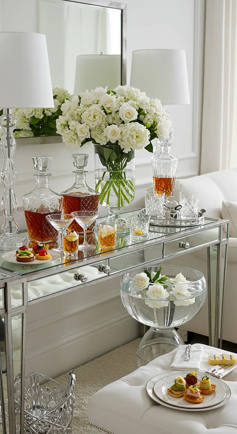 Bar glamour sur une console en miroir avec des carafes en cristal et des fleurs blanches