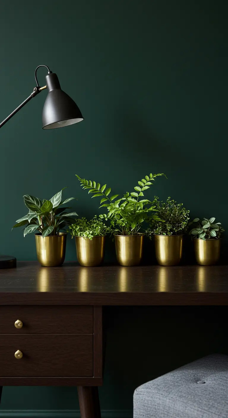 Cinq pots en laiton avec diverses plantes vertes sur un bureau en bois foncé et un mur vert émeraude.