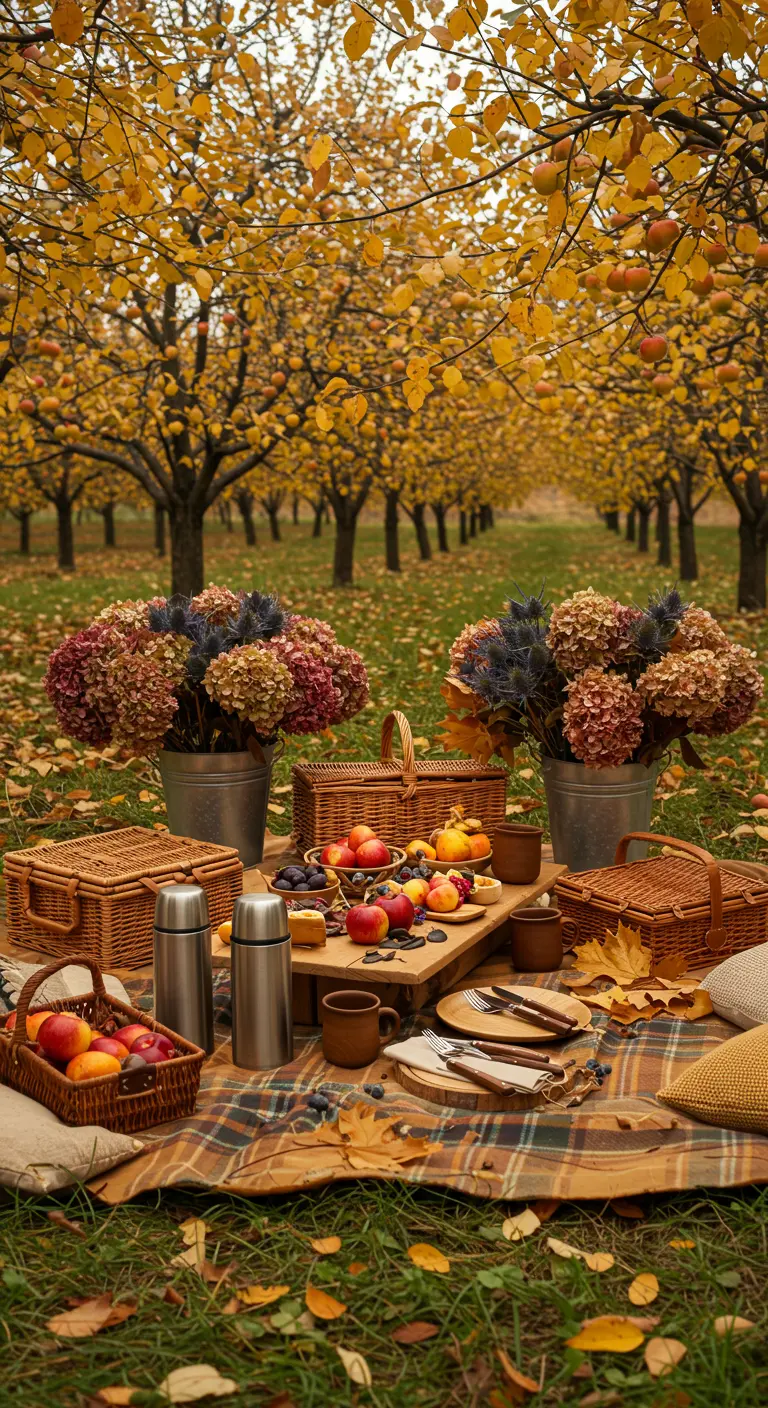 Pique-nique d'automne sous les pommiers avec plaid écossais, fruits de saison, hortensias séchés et thermos.