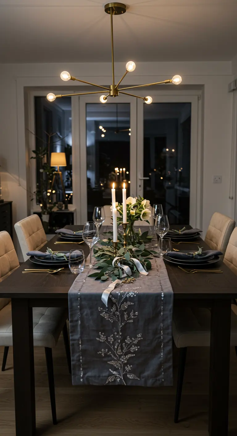 Table de fête moderne avec un chemin de table gris brodé d'argent et des bougies.