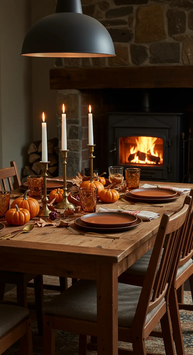 Table d'automne avec des assiettes en terre cuite, des bougies et des mini citrouilles.