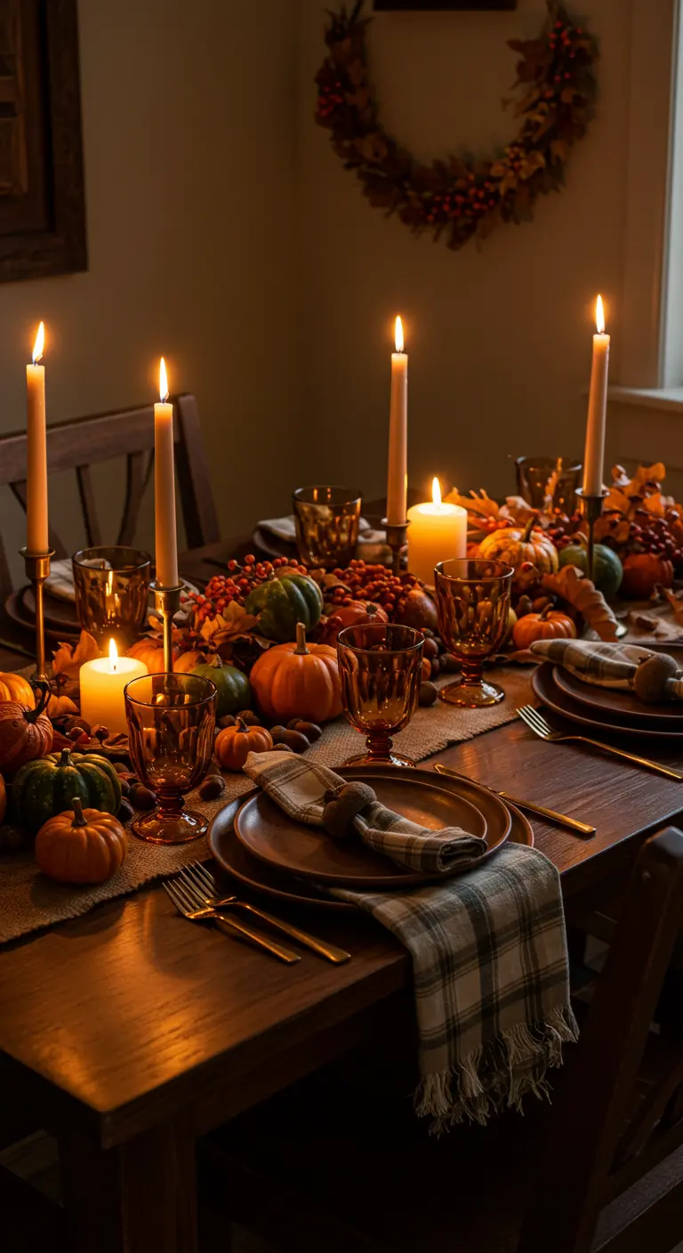 Table d'automne chaleureuse avec citrouilles, baies et bougies ambrées.