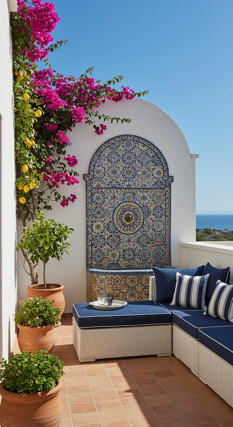Terrasse ensoleillée avec fontaine en mosaïque, banquette bleue et bougainvillier rose.