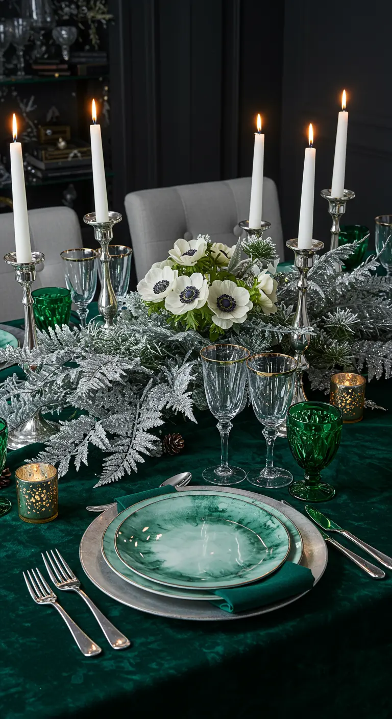Table de fête vert émeraude avec feuillage argenté et anémones.