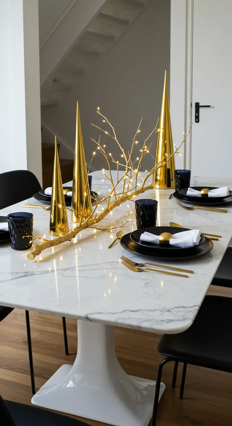 Table de fête moderne avec vaisselle noire, couverts dorés et une branche lumineuse dorée.