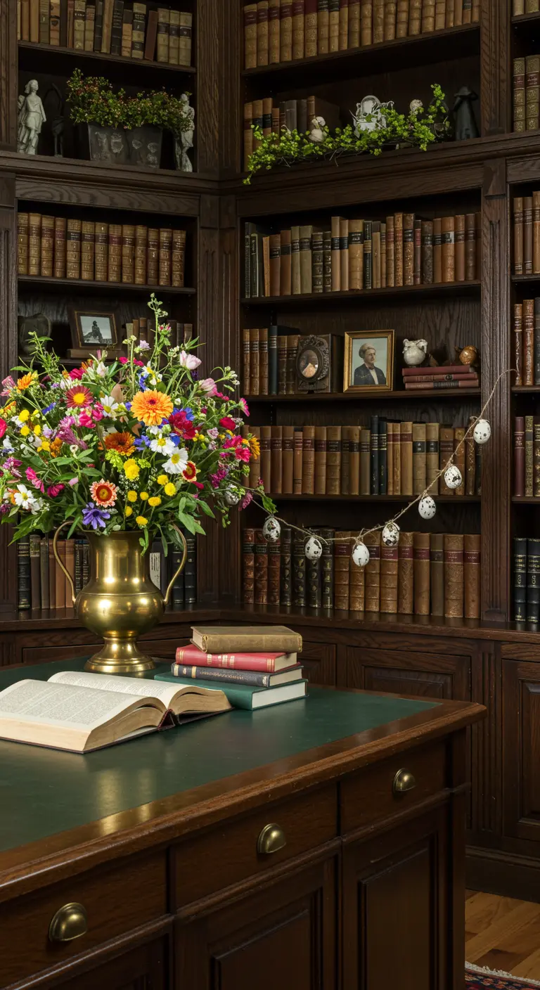 Bureau en bois sombre avec un bouquet très coloré et une guirlande d'œufs en fond.