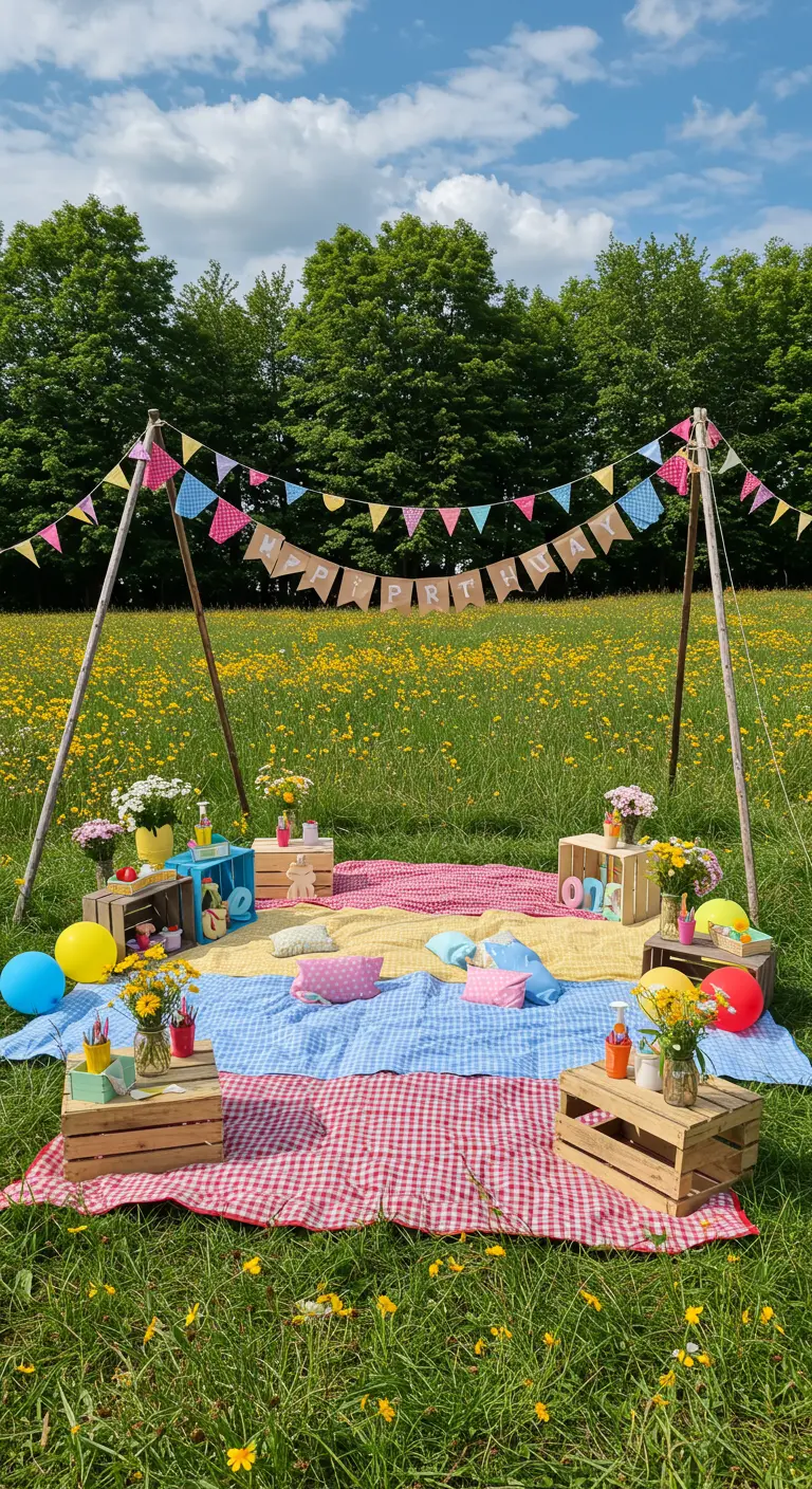 Pique-nique joyeux dans un pré, nappes colorées, caisses et banderole 