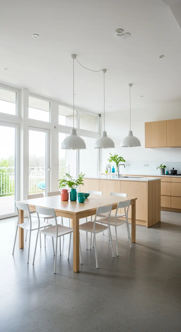 Salle à manger moderne avec table en bois clair, chaises blanches et vases colorés vifs.