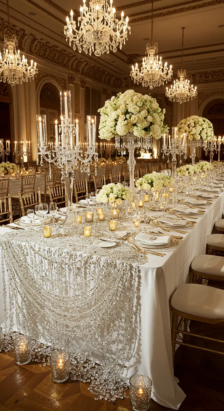 Table de banquet luxueuse avec un chemin de table en perles de cristal, chandeliers et fleurs blanches.