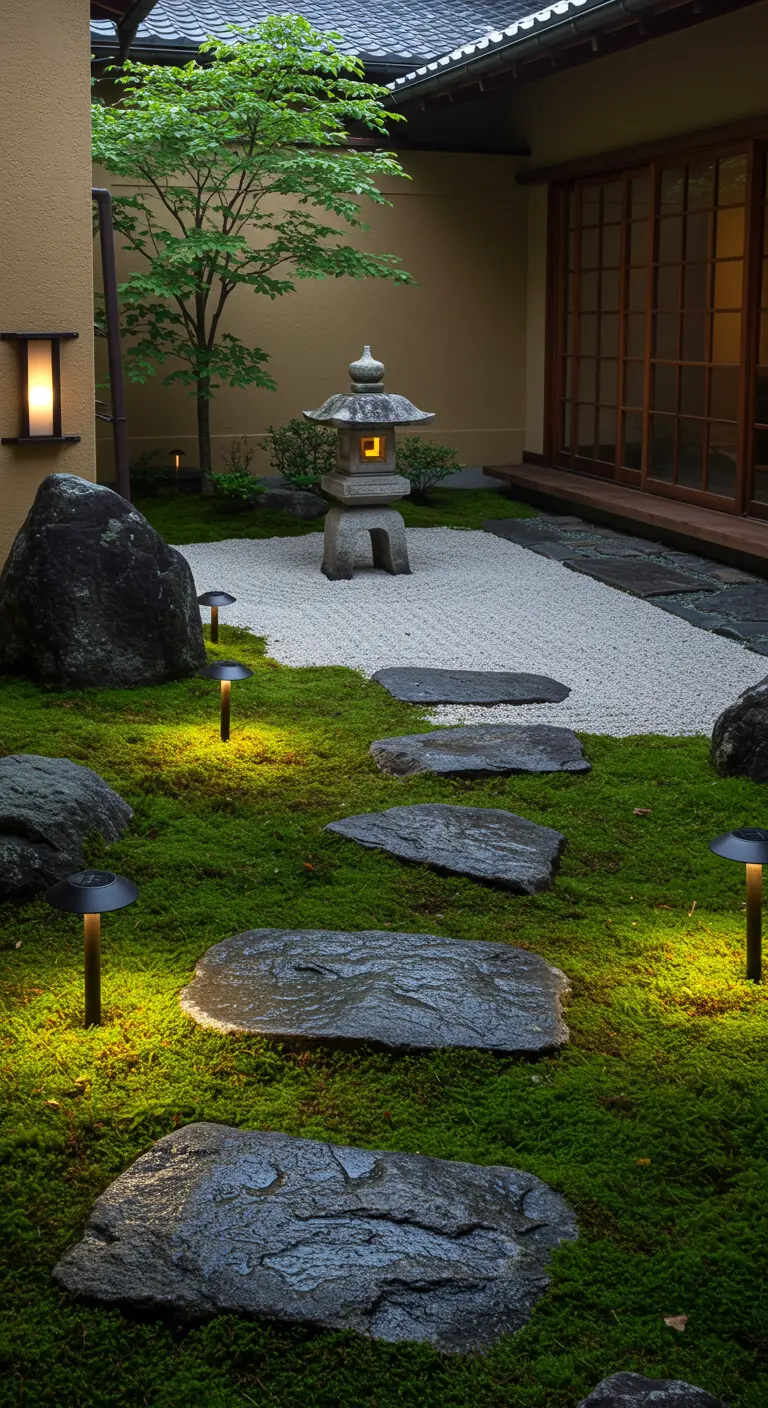 Jardin japonais avec des spots éclairant la mousse et des dalles de pierre.
