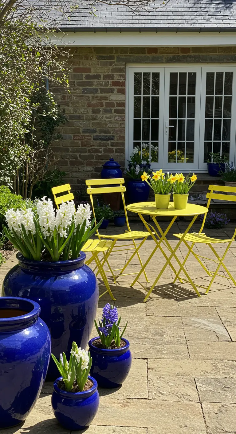 Patio ensoleillé avec mobilier de jardin jaune et de grands pots bleus remplis de jacinthes.