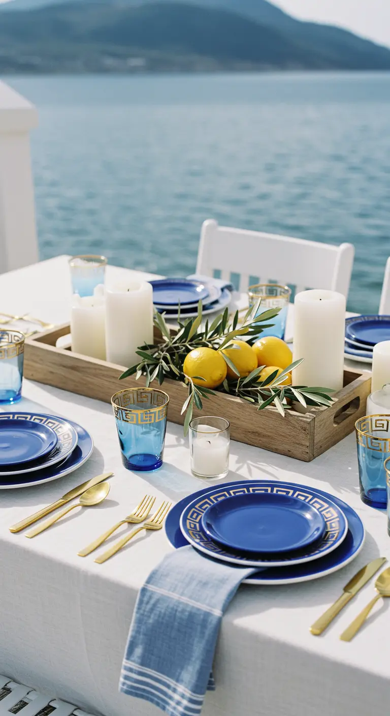 Table méditerranéenne avec vaisselle bleue, citrons, branches d'olivier et couverts dorés.