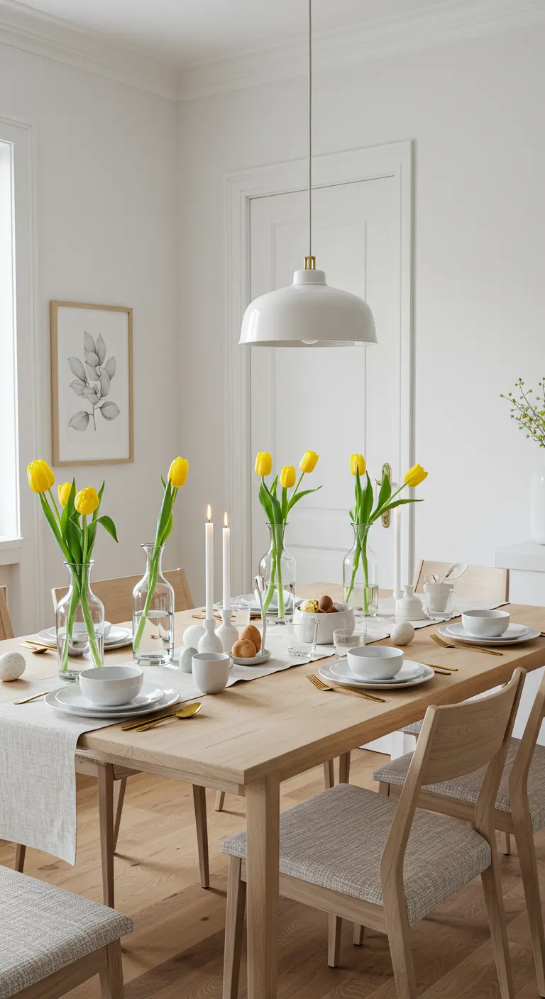 Table de Pâques moderne avec des tulipes jaunes dans des vases en verre transparent.