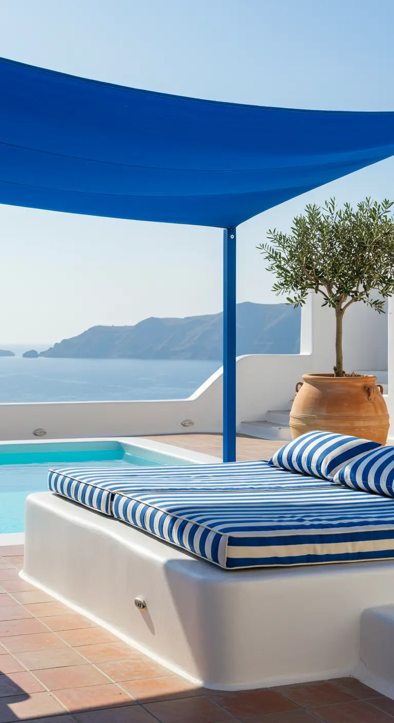 Lit de jour bleu et blanc au bord d'une piscine vue mer