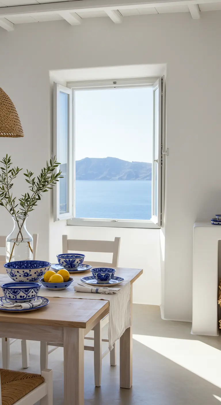 Vaisselle bleue et blanche sur une table en bois face à la mer.