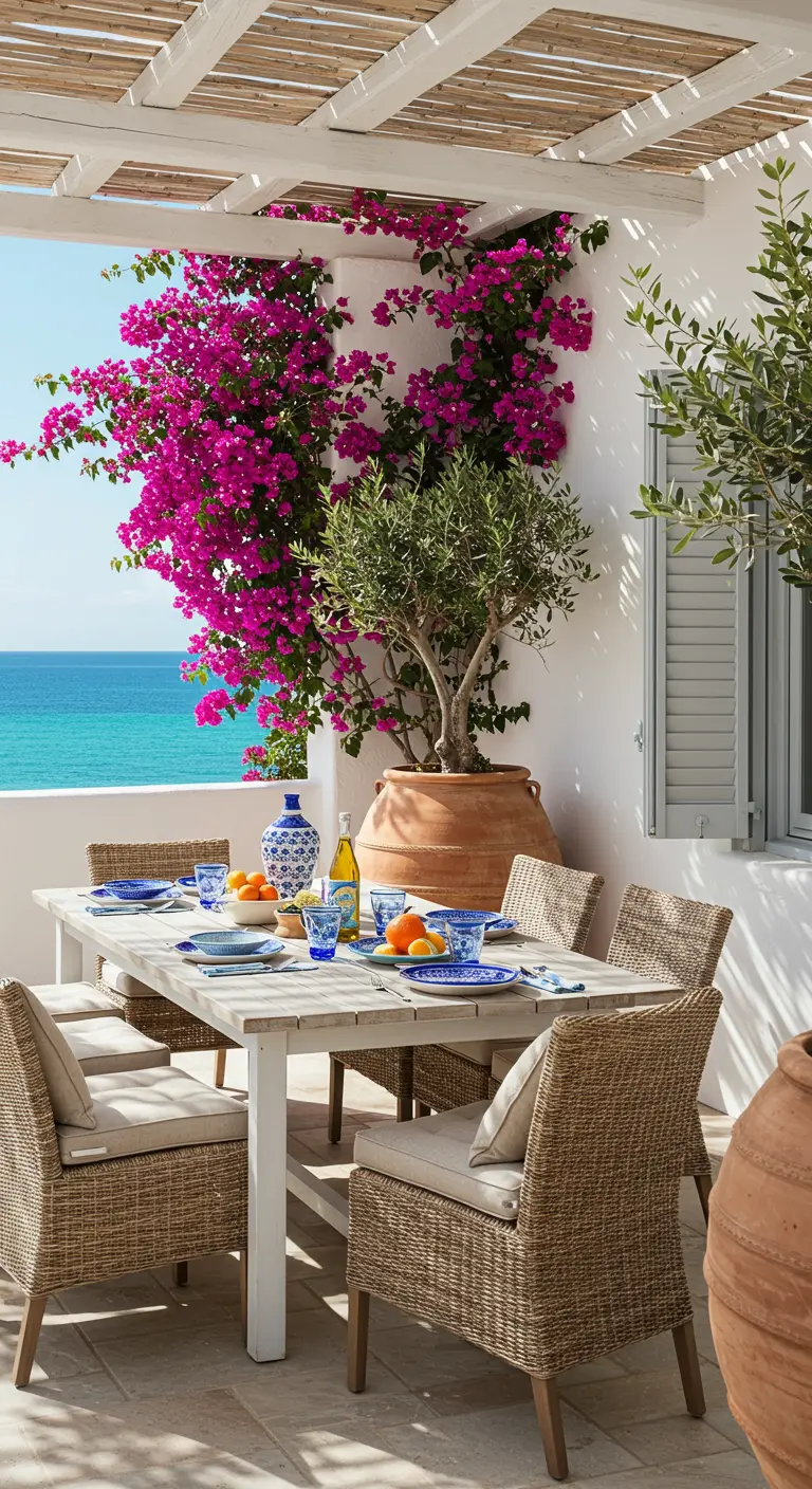 Table dressée sur une terrasse blanche avec un bougainvillier fuchsia.