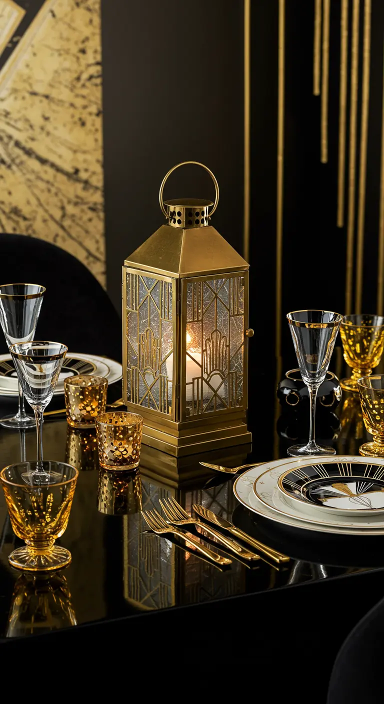 Lanterne dorée de style Art déco sur une table de fête noire et or.