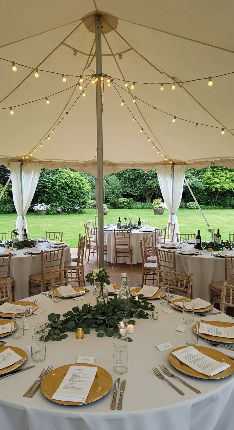Table ronde chic avec assiettes dorées et centre de table en eucalyptus.
