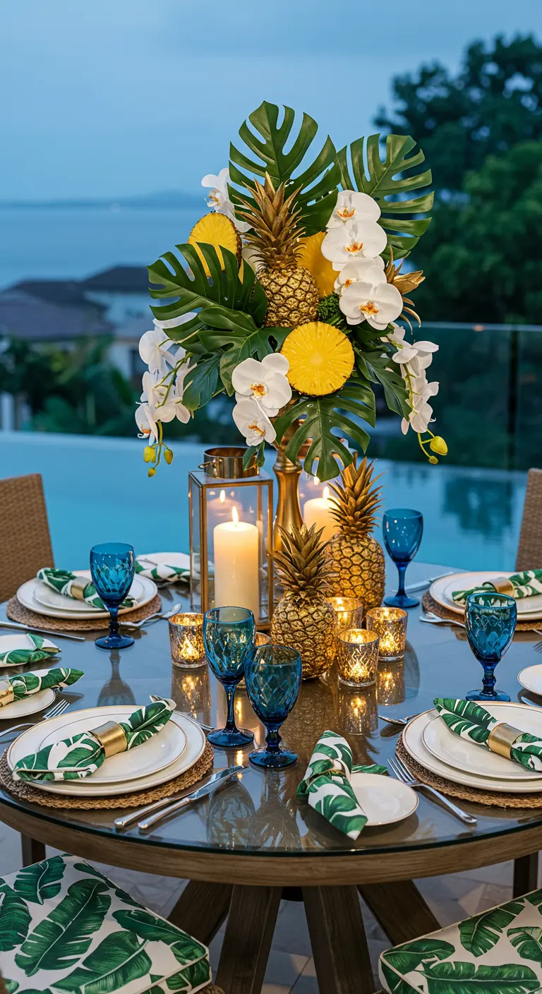 Table élégante avec ananas dorés, orchidées blanches, monstera, bougies, verres bleus et vue sur la mer.