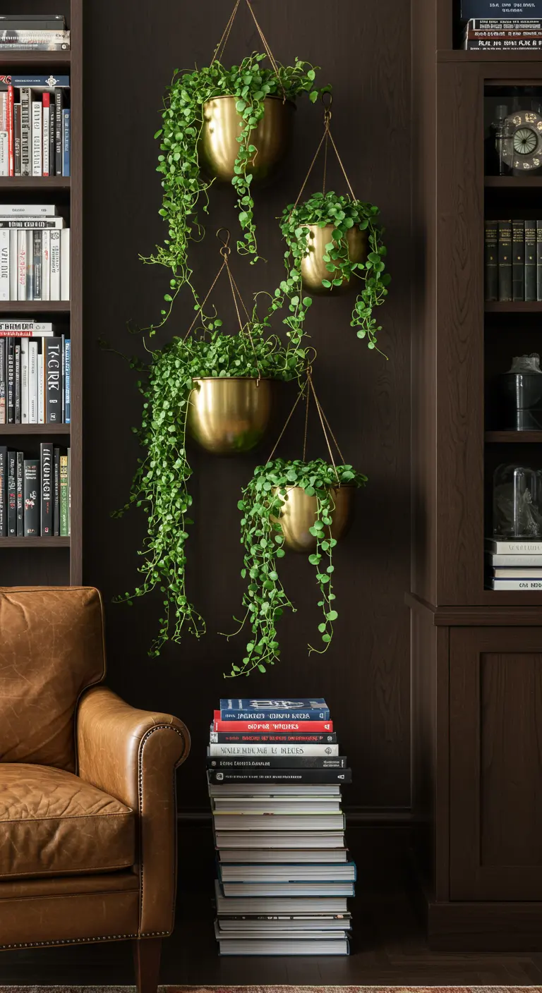 Pots suspendus dorés avec des plantes à petites feuilles vertes sur un mur foncé près d'une bibliothèque.