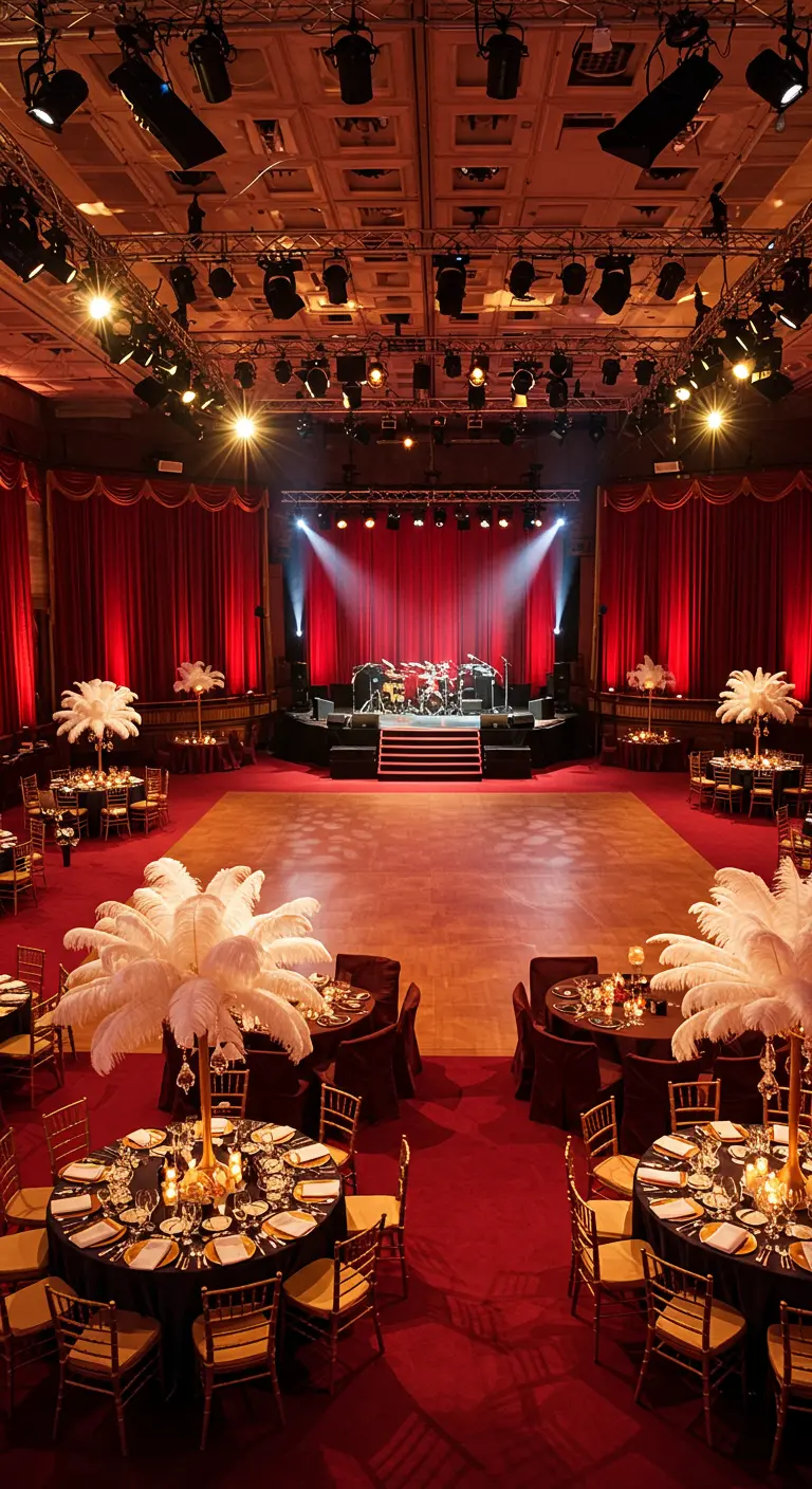 Grande salle de réception avec scène, tapis rouge, tables rondes et centres de table en plumes.
