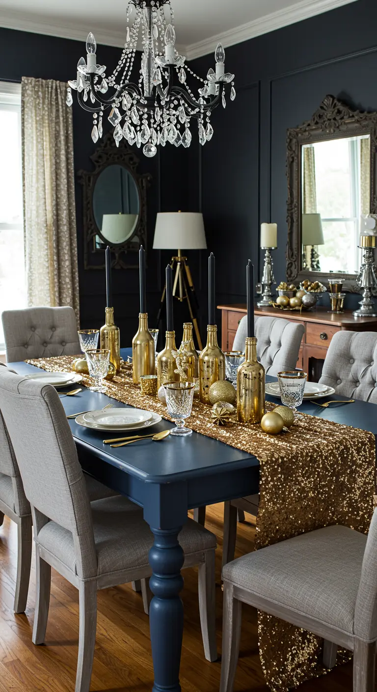 Table de fête noire et dorée avec un chemin de table pailleté, bouteilles dorées, bougies noires et ornements scintillants.
