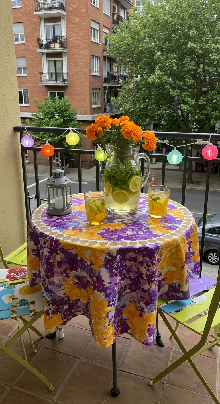Balcon avec petite table fleurie, guirlandes lumineuses colorées, limonade et fleurs d'œillet.