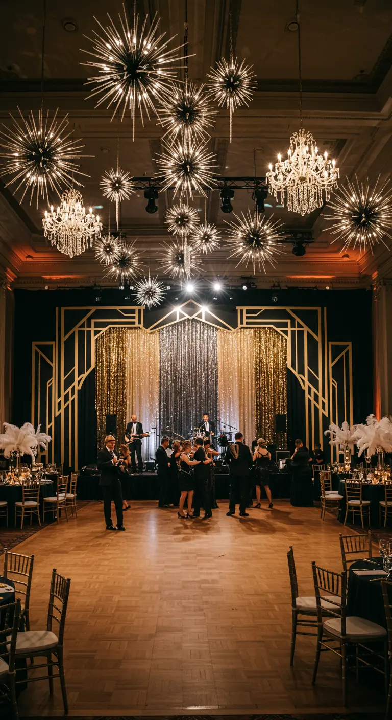 Salle de bal Art Déco avec des suspensions lumineuses éclatées, des lustres et une scène dorée.
