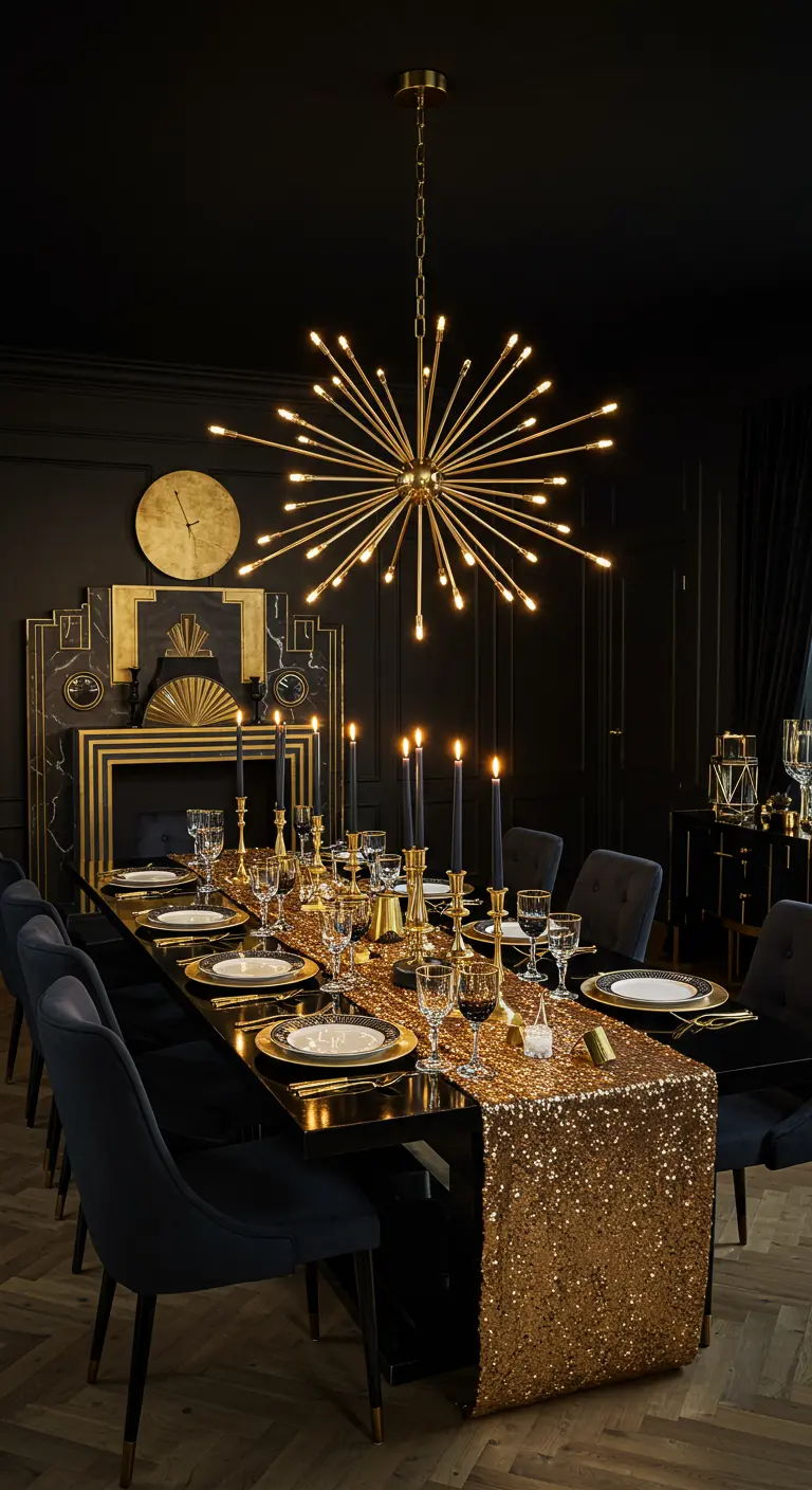Table de réveillon noire et or avec un chemin de table à sequins et un lustre spectaculaire.