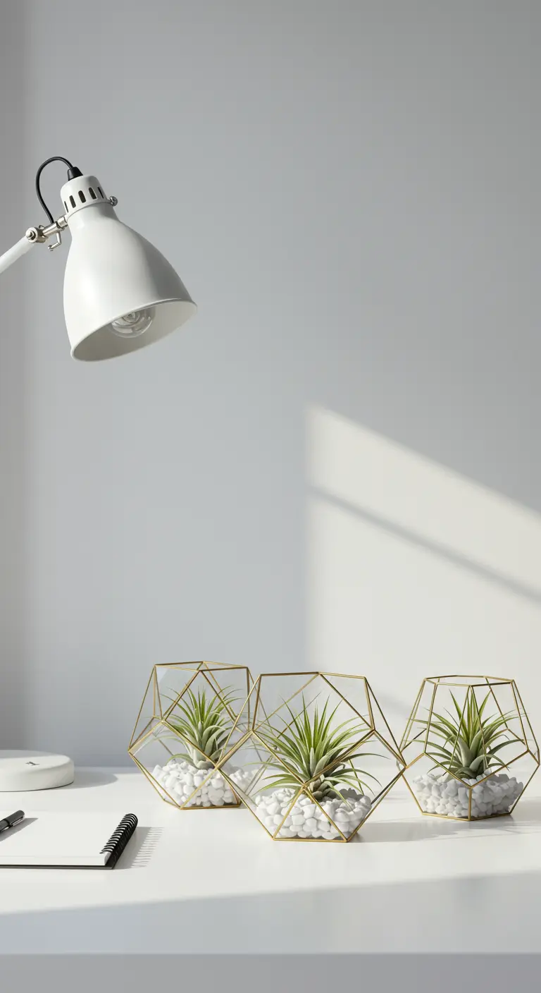 Trois terrariums géométriques dorés avec tillandsias et gravier blanc sur un bureau blanc.