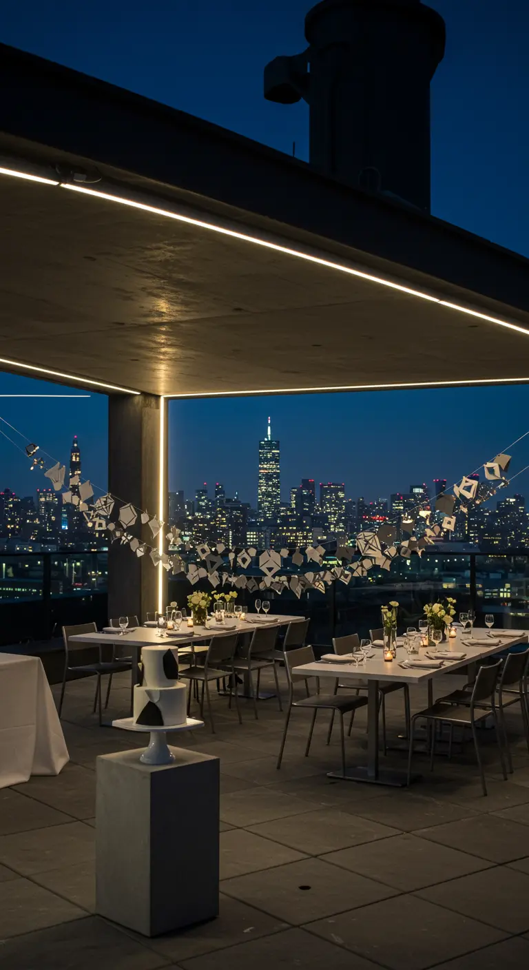 Guirlande géométrique blanche et grise sur un rooftop moderne avec vue nocturne sur la ville.