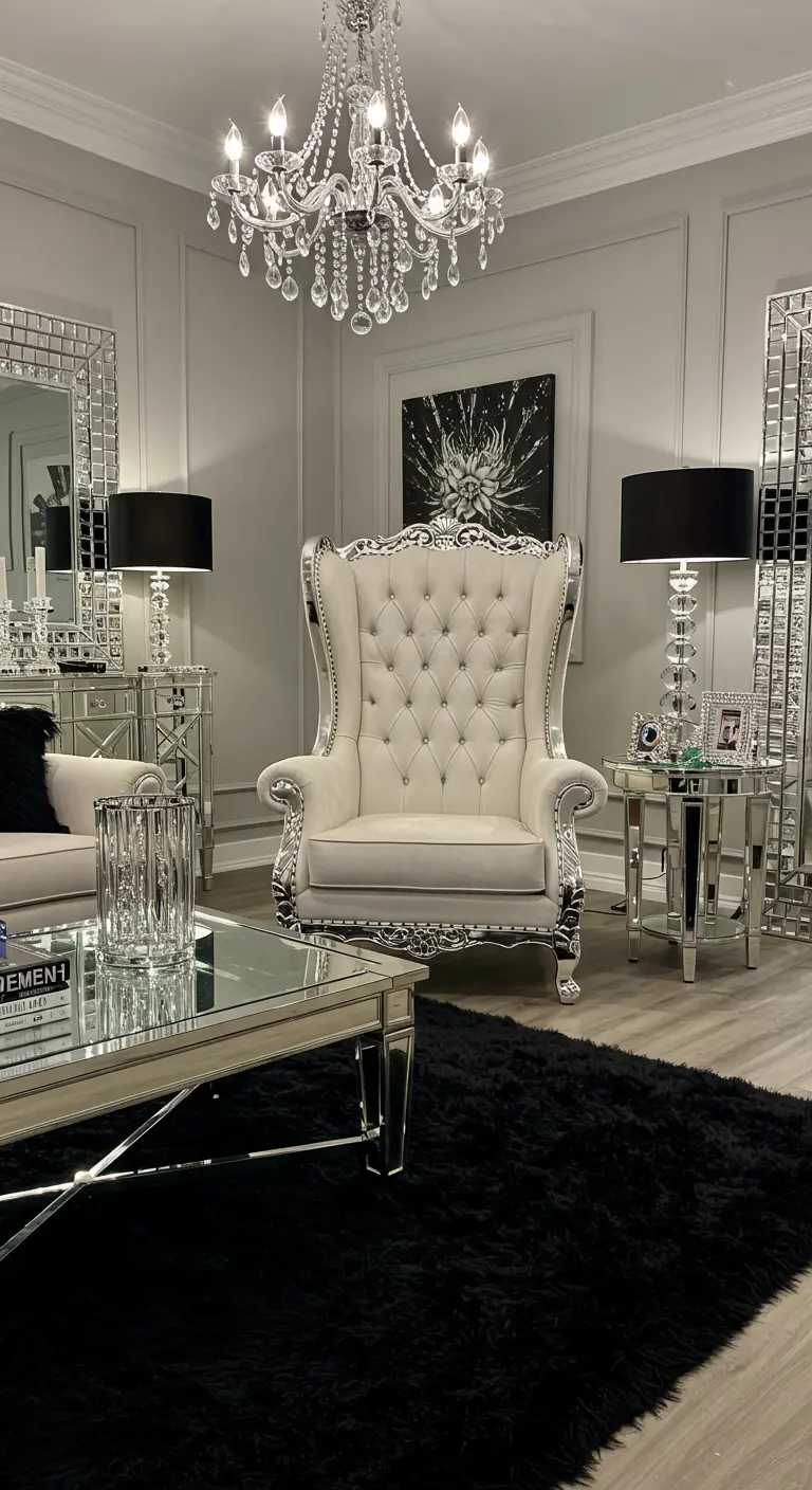 Fauteuil capitonné blanc et argent dans un salon glamour avec mobilier miroir.