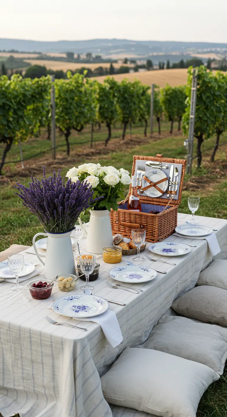Pique-nique provençal dans un vignoble avec nappe rayée, lavande, roses blanches et fruits frais.